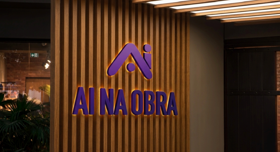 Letreiro luminoso da marca AI na Obra em parede ripada